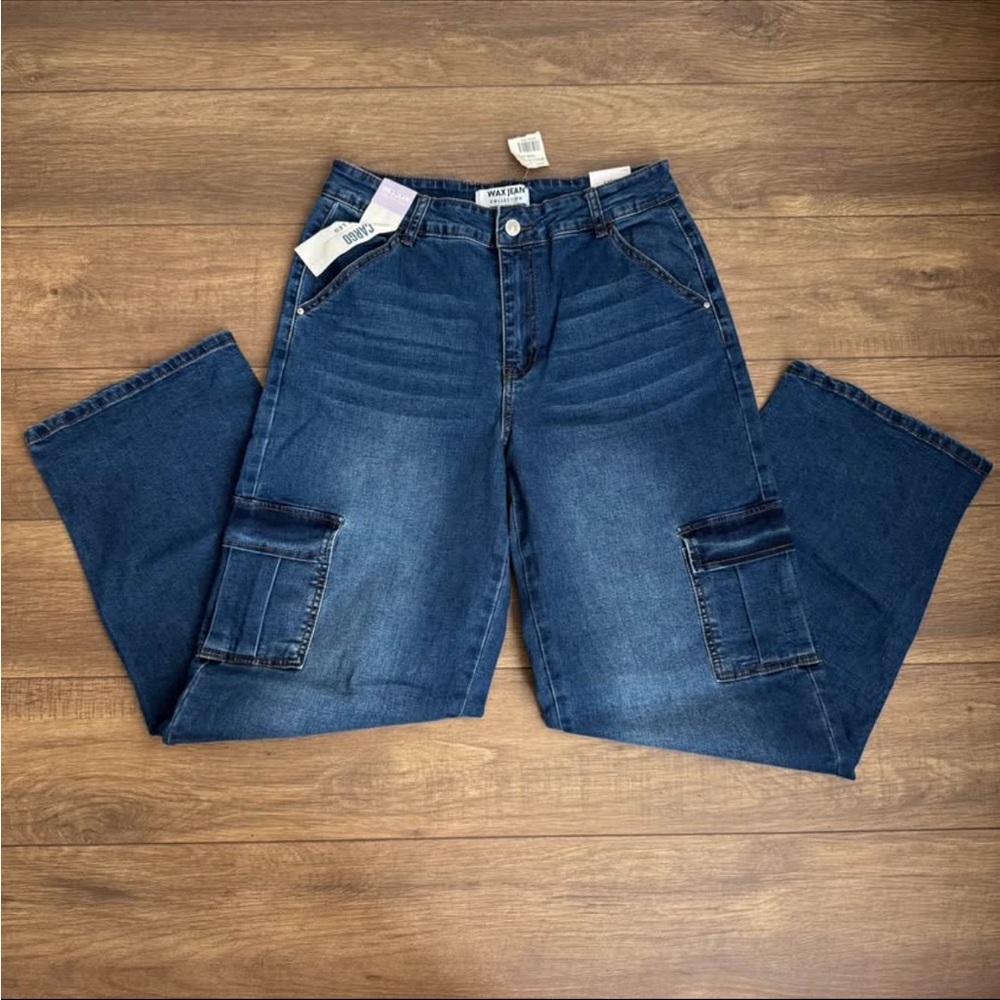 NWT Wax Jean Collection Cargo Wide Leg Blue Denim Flared Jeans Size 11 30W